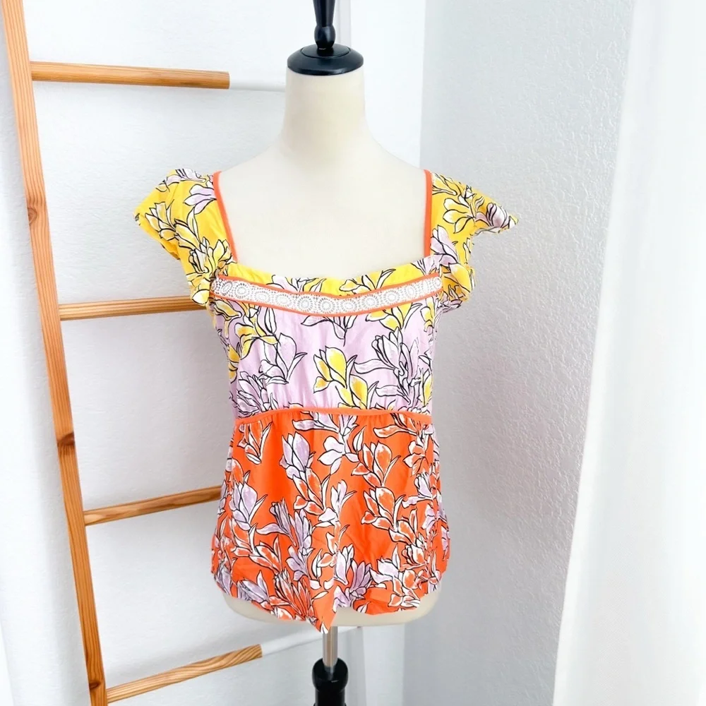 Farm Rio Tia Flutter Sleeved Blouse Floral Yellow Pink - Picture 2 of 8